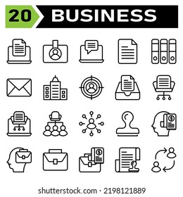 Office Business Icon Set Include Laptop, Document, Office, Work, Device, Filed, Id Card, Badge, Identification, Id, Card, Chat, Message, Email, File, List, Folder, Files, Binders, Mails, Letter