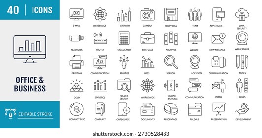 Office and business icon set. Includes Strategy, Management, Target, Leadership, Teamwork, Human Resources, Recruitment, Career, and more. Vector Illustration with editable strokes