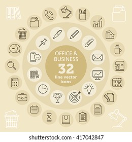 Office and business icon set. Office tools and accessories, finance and money thin vector line icons. Isolated infographic elements for web, internet, publish, presentations and social networks.