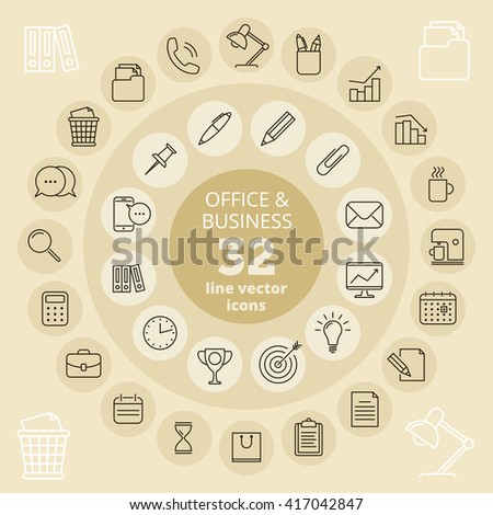 Office and business icon set. Office tools and accessories, finance and money thin vector line icons. Isolated infographic elements for web, internet, publish, presentations and social networks.