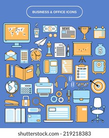 Office and business icons flat line set isolated vector illustration