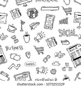 office or business icons in seamless pattern with doodle style