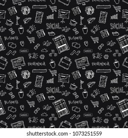 office or business icons in seamless pattern with doodle style on chalkboard background