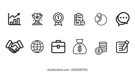 Office- und Geschäftssymbole festgelegt. Vektorgrafik im modernen Thin Line-Stil von geschäftlichen Symbolen: Dokumente, Geld, grafisches Wachstum, Trophäe und mehr. 