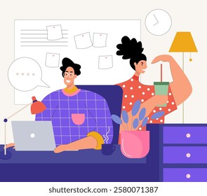 Office. Business illustration. Office workplace. People company employees engage in business activities, analyze finances and discuss growth strategies at meeting. Cartoon flat vector illustrations