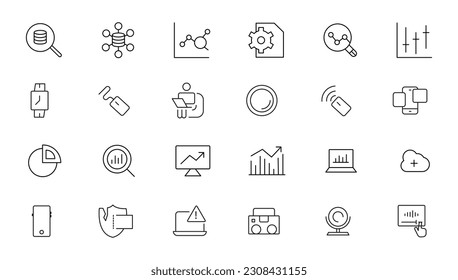 Office and Business line icons set. Business people outline icons collection. Teamwork, human resources, meeting, partnership, work group, success, workspace, computer, desk- stock vector