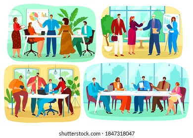 Office business meeting, teamwork vector illustration set. Cartoon flat businessman boss leader character training, working with employees, corporate people group meet on conference isolated on white