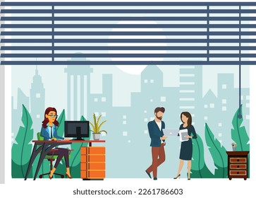 Office business people. Cartoon characters working in office vector illustration. Office interior concept 