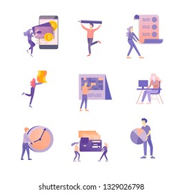 Office business people concept, management and administration. Character people planing, web desidn, businessmen discuss social network, news, social networks. Flat vector illustration.