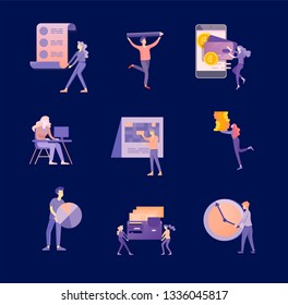 Office business people concept, management and administration. Character people planing, web desidn, businessmen discuss social network, news, social networks. Flat vector illustration.