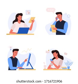 Office business people illustration in flat design. Office workplace. Woman and man sitting at the table with laptop, documents and talking by phone