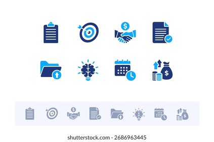 Office and Business solid icon set. Includes teamwork, meeting, startup, management, profit, and success fill icons. Vector flat design collection