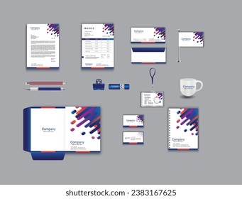 office business stationary set in blue color, white background vector design with letter head envelop folder id card notepad usb paper clip pen pencil cup business card flag