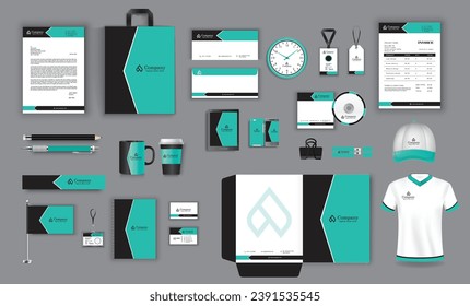 office business stationary set in green black white color vector design with letter head envelop folder id card notepad dvd cover usb paper clip pen pencil cups business card shopper invoice tshirt