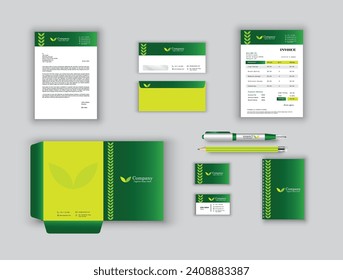 office business stationary set in green, white color vector design with letter head envelop folder notepad pen pencil business card, invoice vector