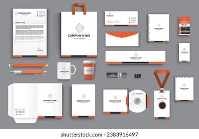 office business stationary set in orange black white color vector design with letter head envelop folder id card notepad dvd cover usb paper clip pen pencil cups business card shopper