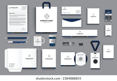 office business stationary set with white color background vector design with letter head envelop folder id card notepad dvd cover usb paper clip pen pencil cups business card shopper