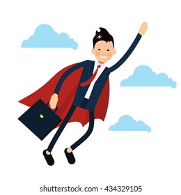 Office business super man flying icon in flat style. Businessman in superhero suit flying in the clouds - vector illustration