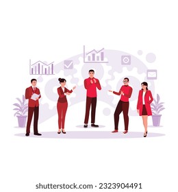 The office business team applauds after signing the business contract with an overseas partner. Trend Modern vector flat illustration.