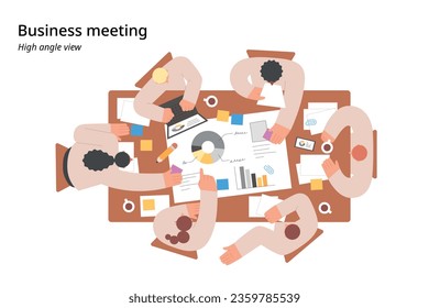 Office business team members are busy having a meeting while looking at large documents. high angle view flat vector illustration.