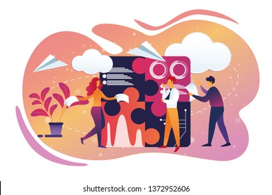 Office Business and Teamworking Process. Male and Female Character with Documents in Hands, Company Leader Stand in Thinking Pose. Paper Airplanes Flying Around. Cartoon Flat Vector Illustration, Icon