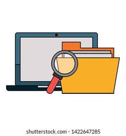 Office and business technology symbols laptop and magnifying glass with folder vector illustration graphic design