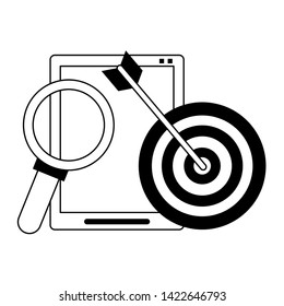 Office and business technology symbols tablet and target dartboard with magnifying glass vector illustration graphic design