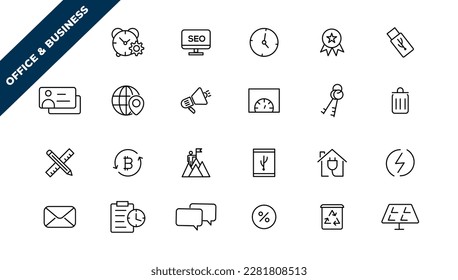   Iconos web de línea delgada de Office y Business. Colección de iconos de esquema. Negocios, Marketing, Banca, SEO, Trabajo en equipo y otros símbolos. Símbolos de administración de oficinas.
