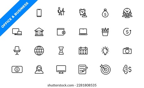   Office and Business thin line web icons. Outline icons collection. Business, Marketing, Banking, SEO, Teamwork and other symbols. Office management sumbols.
