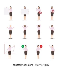Office business woman character vector illustration in various poses flat design style for use in presentations. Included the present, explain, point, headache, graph, success and more.