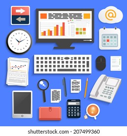 Office and business work elements set. Set for web and mobile applications in flat design