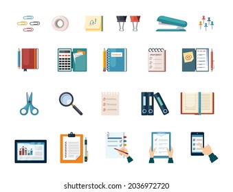 Office and business work supplies set. Document folders and calculator with management notebook magnifying glass and stapler paper clips sheets with scissors and pencil. Vector flat project.