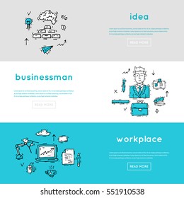 Office. Business, office work, workplace.Banners. Hand drawn vintage style. Flat design vector illustration.