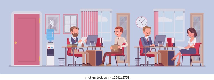 Office business workspace, hr manager interviewing job applicant, company staff working. Busy employees sitting at tables with computers, phones, meet clients. Vector flat style cartoon illustration