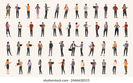 Office businesspeople collection - Large group of diverse business people in various poses at work with computers and devices. Flat design vector illustration set