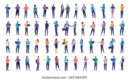 Office businesspeople collection - Large group of diverse business people in various poses working with computers and devices. Flat design vector illustration set with white background