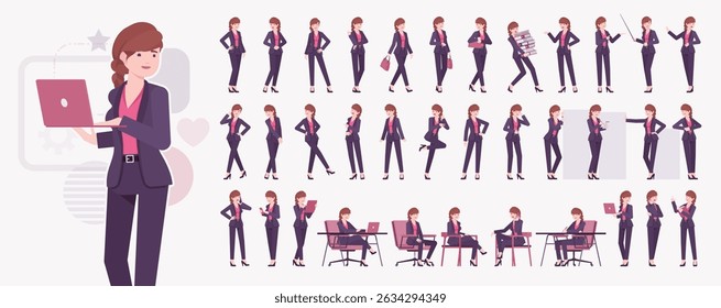 Office businesswoman, braid hairstyle long hair female character set, blazer pants suit poses bundle. Business lady elegant pantsuit style for work, formal meeting, job interview. Vector illustration