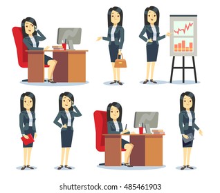 Office businesswoman in various situations vector characters cartoon flat set. Woman worker busy illustration