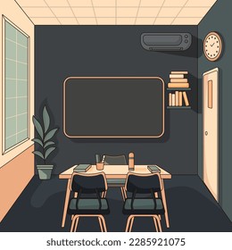 Office or Cabin Necessary Furnishing As Table, Chairs, Empty Board, Wall Clock, Bookshelves, Air Conditioner In Interior Room Design.