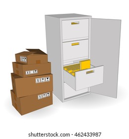 Office cabinet with drawers for storing documents and folders. Cardboard boxes isometric  isolated.   Vector illustration on a white background.
