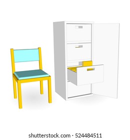 Office cabinet with drawers for storing documents and folders. Wooden blue chair. Furniture 3d side view.  Vector illustration