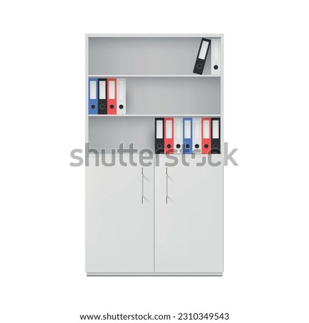 Office cabinet with folders and shelves for document storage organizing realistic vector illustration. Drawer with paper data business file archive organize room furniture container with information