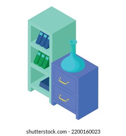 Office Cabinet Icon Isometric Vector. Cabinet With Shelve, Glass Decanter Icon. Office Furniture, Equipment, Interior