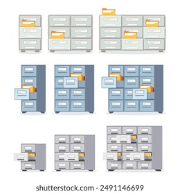 Office cabinet icon set in flat style. Furniture storage vector illustration on isolated background. Drawer sign business concept.