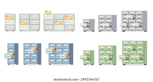 Conjunto de iconos de gabinete de oficina en estilo plano. Ilustración vectorial de almacenamiento de muebles sobre fondo aislado. Concepto de negocio de signo de cajón.