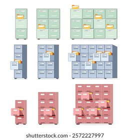 Office cabinet icon set in flat style. Furniture storage vector illustration on isolated background. Drawer sign business concept.