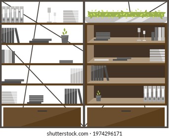 Office cabinets flat color vector object. Shelves, bookcases. Using cases, cupboards for documents storing. Office storage furniture isolated cartoon illustration for web graphic design and animation