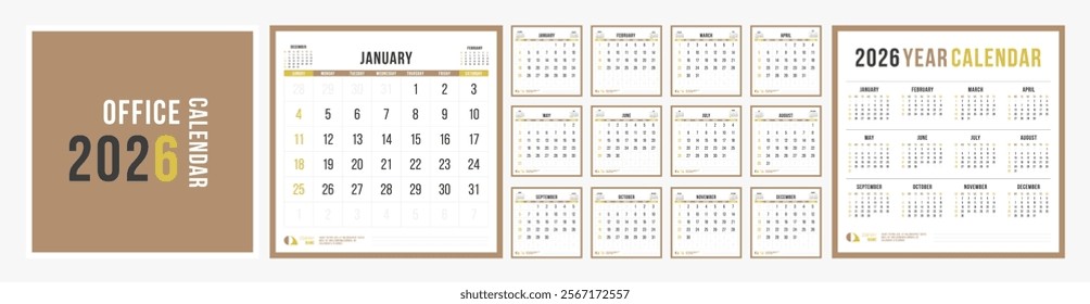 Office Calendar 2026, Calendar 2026 Office Yearly Planner Minimalist Square Set Design Template Vector