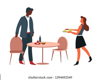 Office canteen man and woman having lunch at table vector male character pulling out chair and female with tray food and drinks day meal or snack cafeteria with self-service or buffet homemade dishes