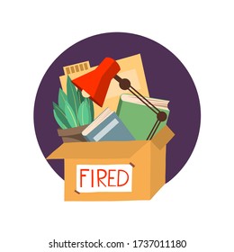 Office cardboard box with stuff, documents, plant, lamp. Moving into a new office. Dismissed concept. Flat style vector illustration.